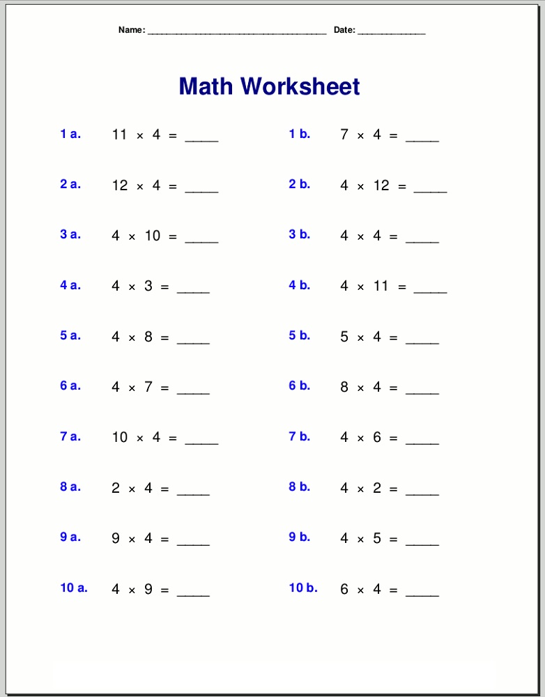 Math Worksheets 4 Times Tables