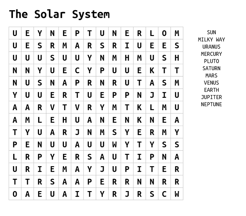 solar system wordsearch simple