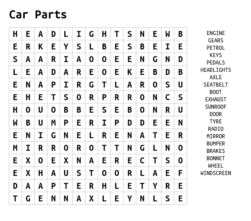 car word search parts