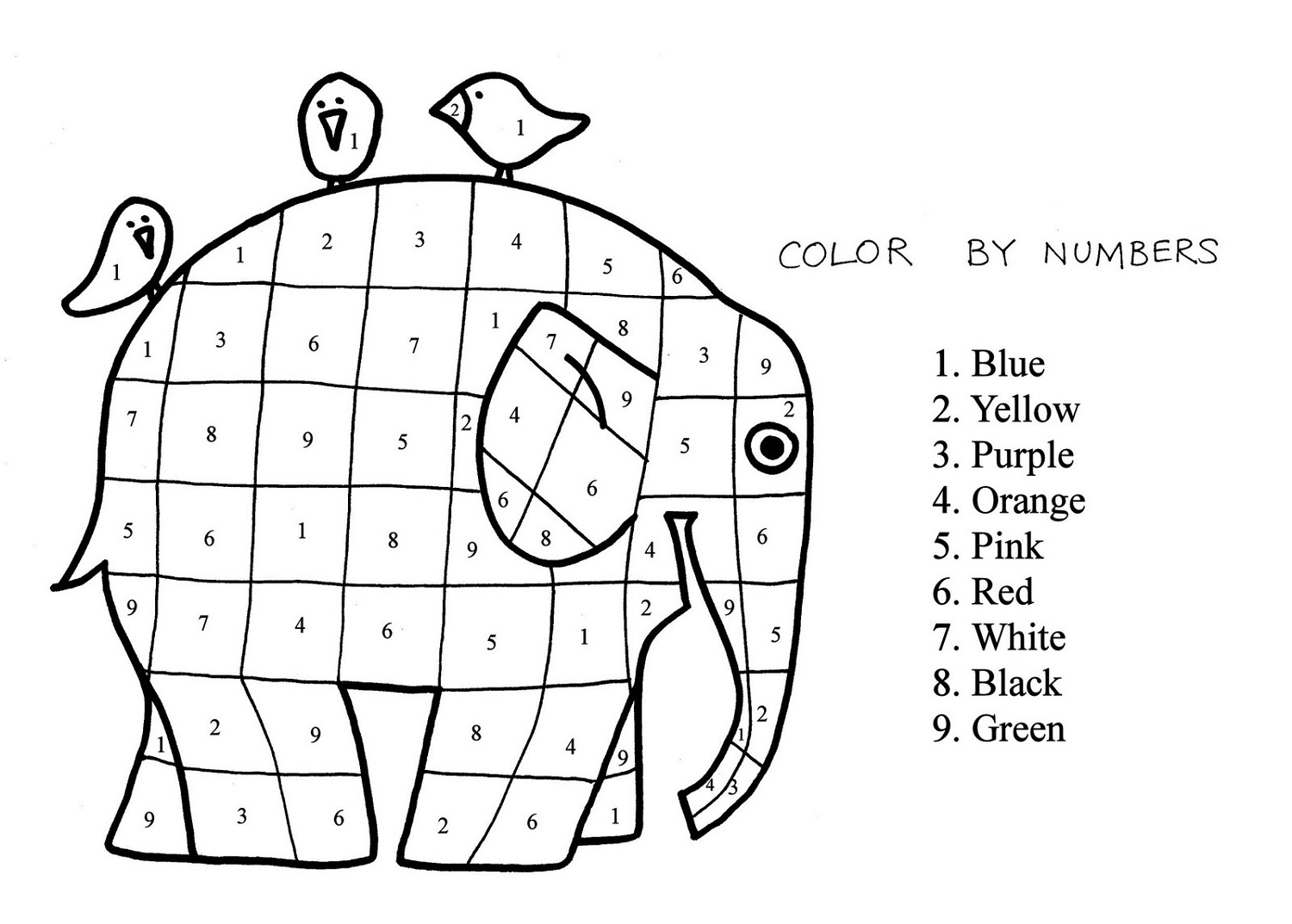 color by number sheets elephant