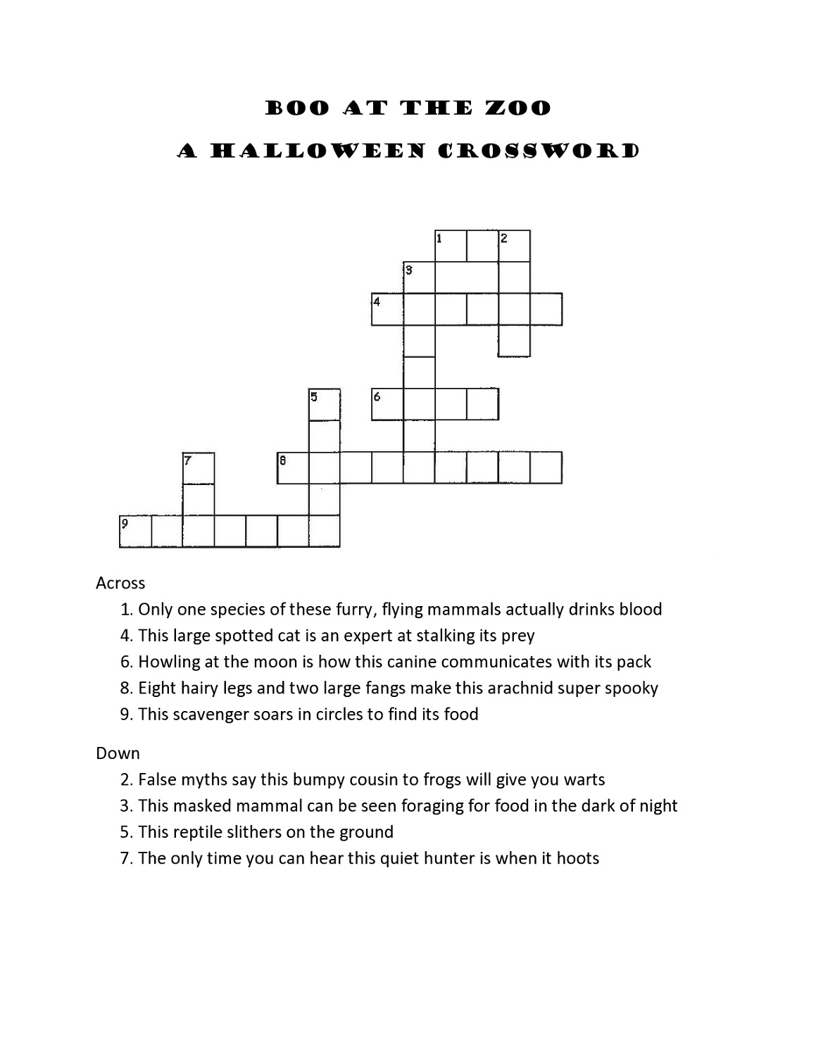 acrossword puzzles for 5th graders zoo