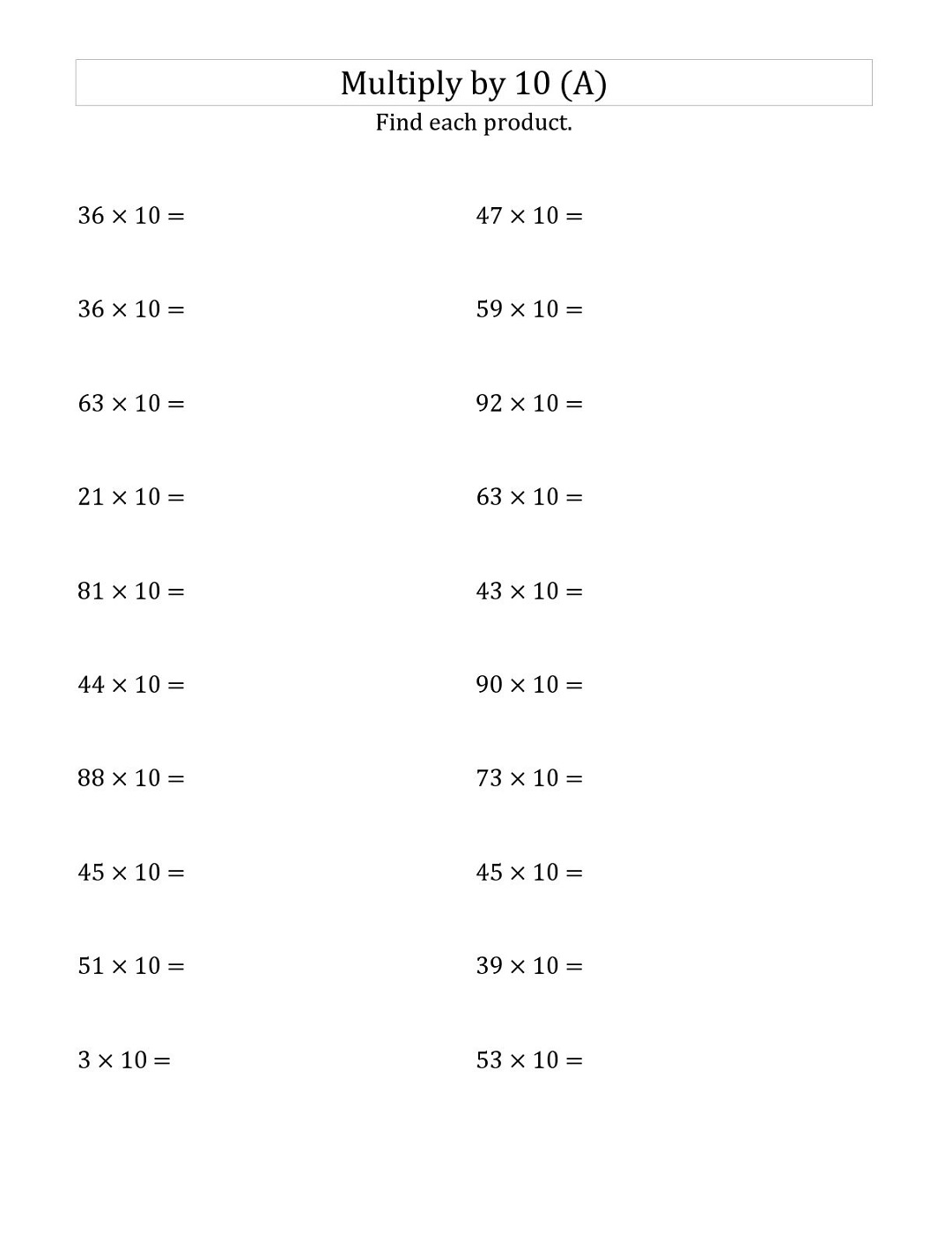 multiples of 10 worksheet simple