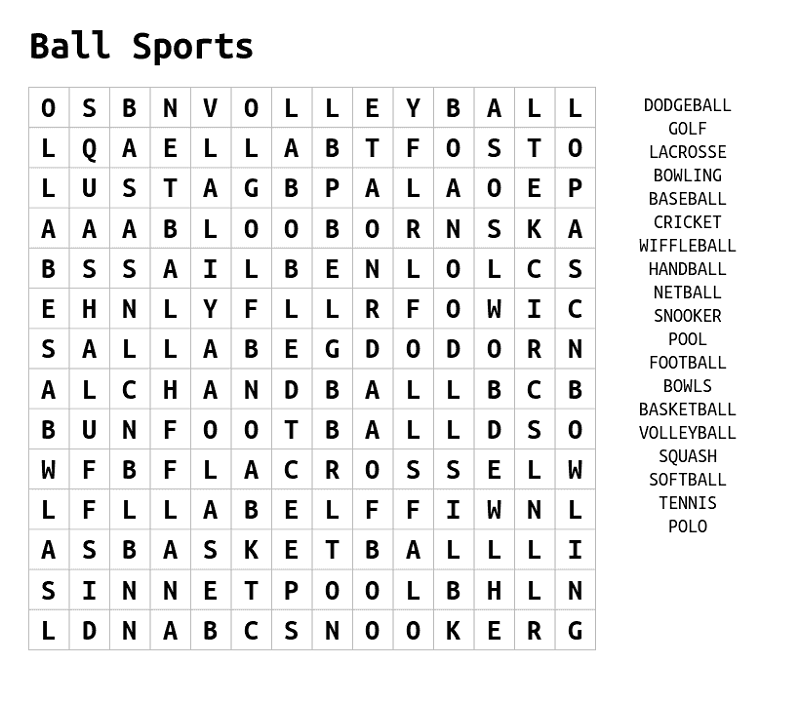 sport word searches ball