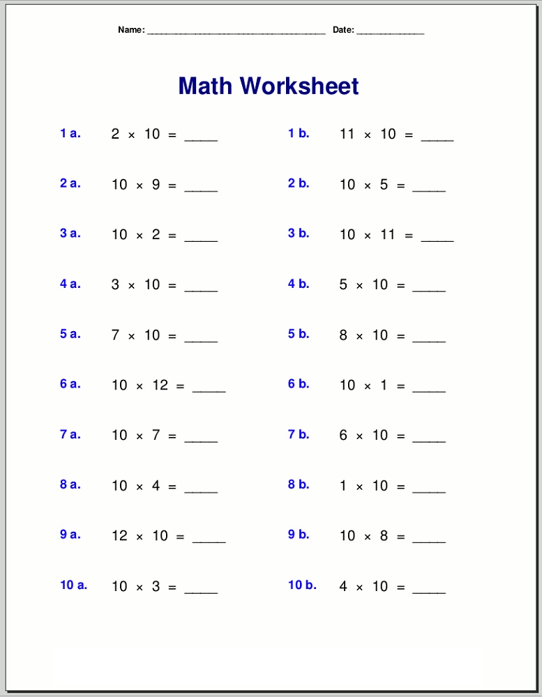 10 times table worksheet for kids