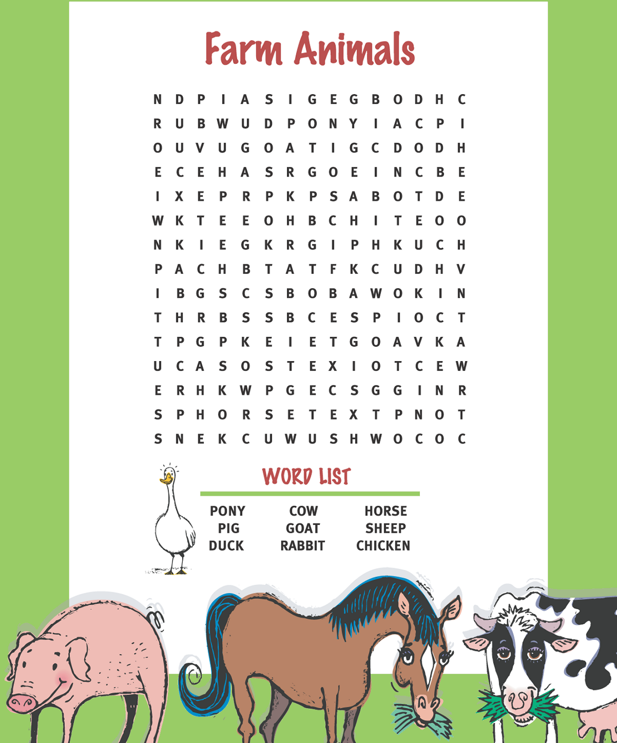 farm animal word search printable