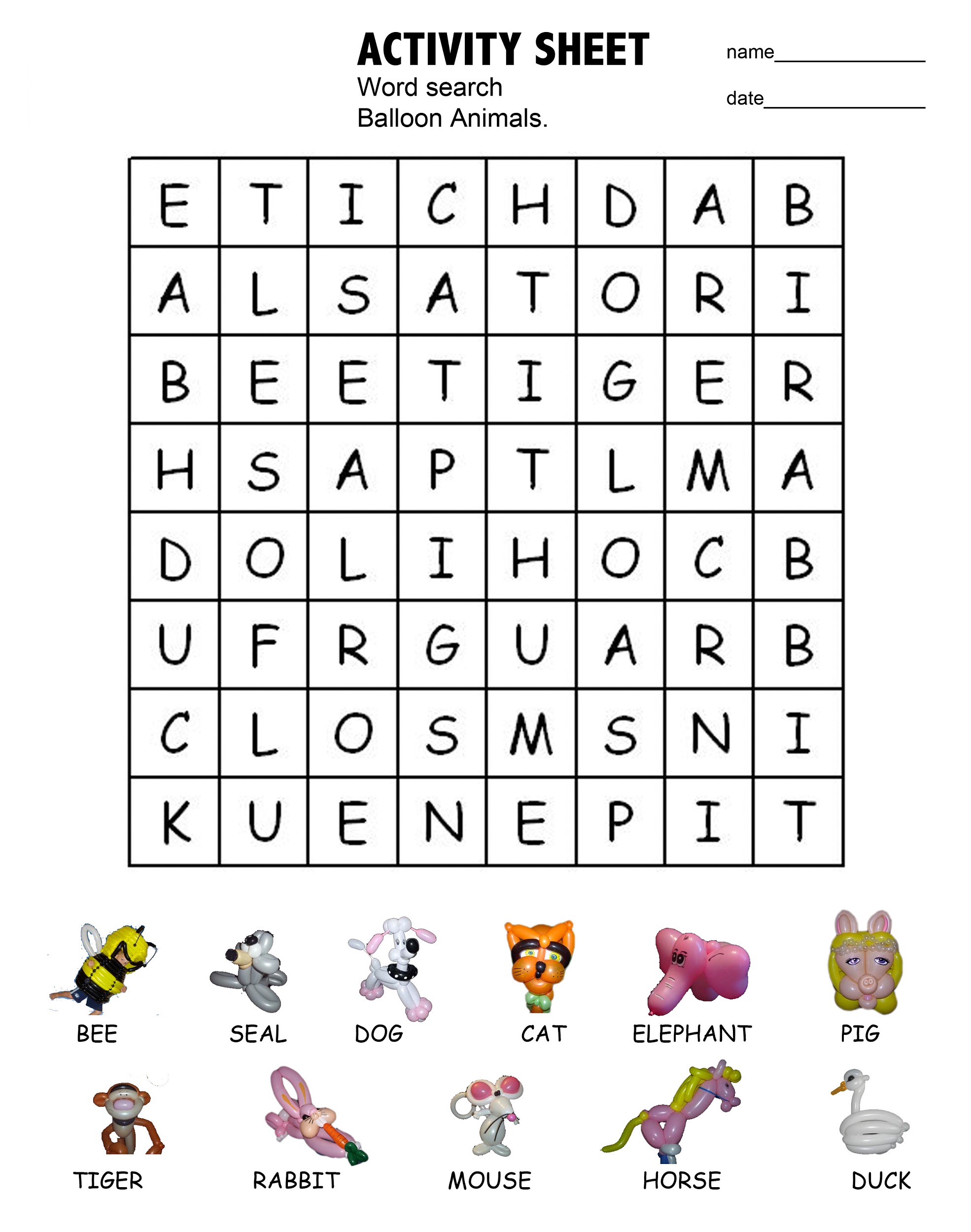 wordsearches for kids animal
