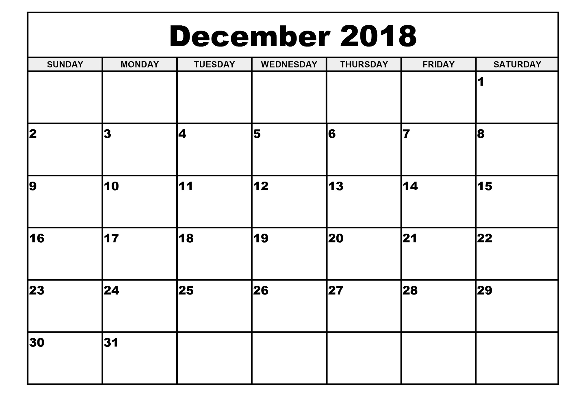 2018 monthly calendar printable december