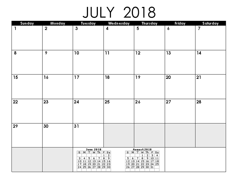 2018 monthly calendar printable july