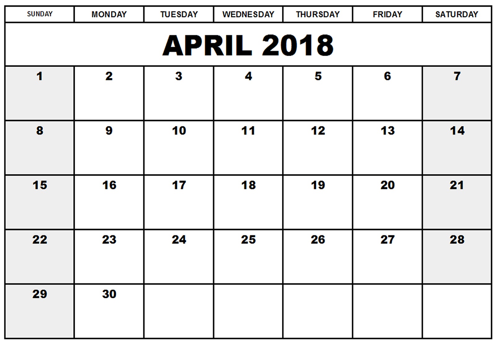 blank printable calendar 2018 april