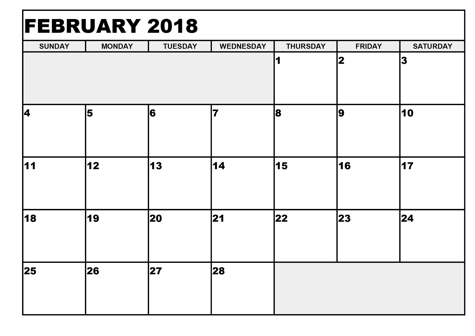 blank printable calendar 2018 february