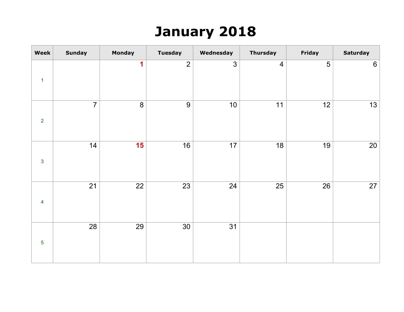 blank printable calendar 2018 january