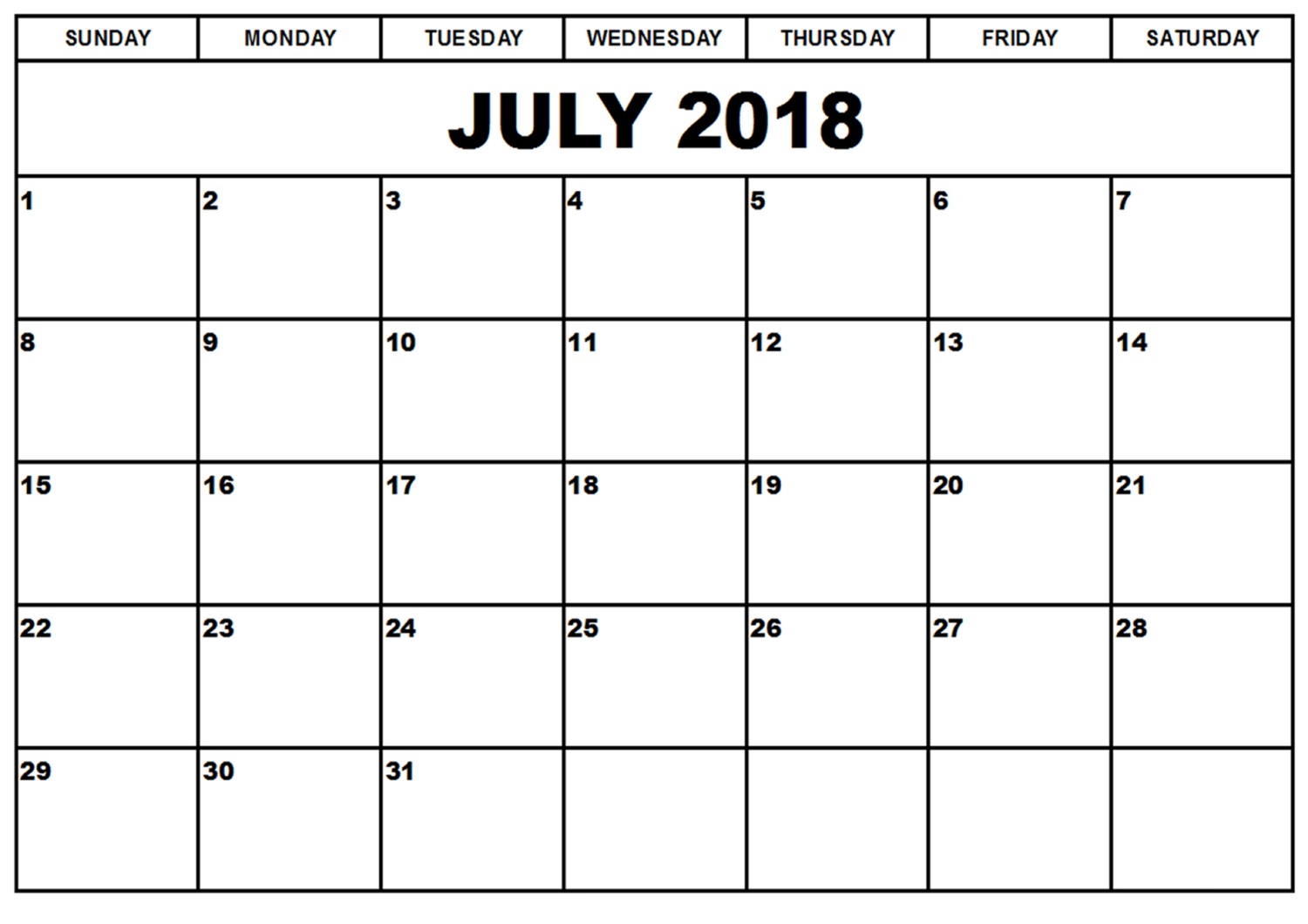 blank printable calendar 2018 july