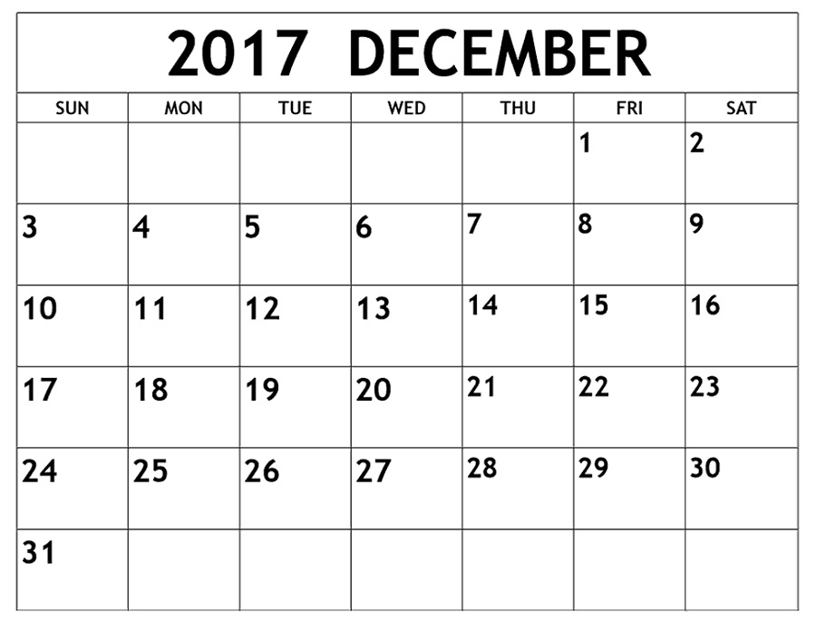 december 2017 calendar blank