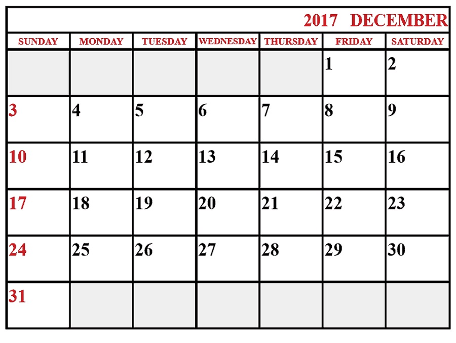 december 2017 calendar free