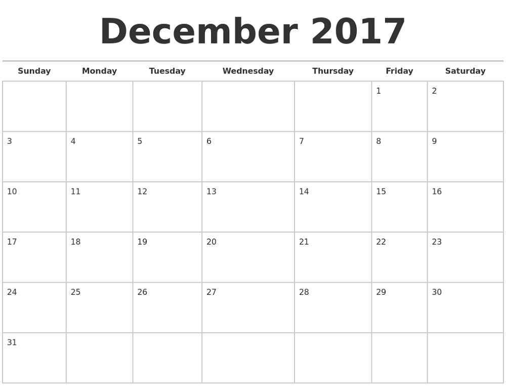 december 2017 calendar large