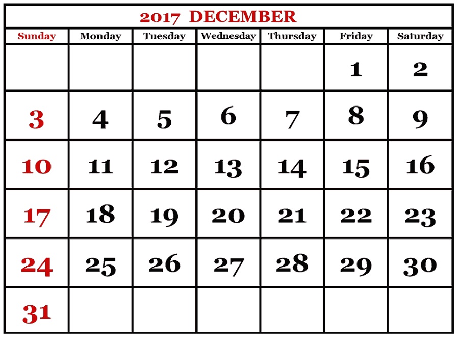 december 2017 calendar to print