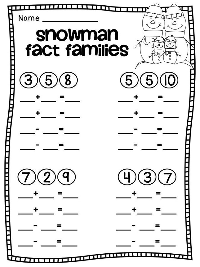 fact family worksheets for first grade snowman