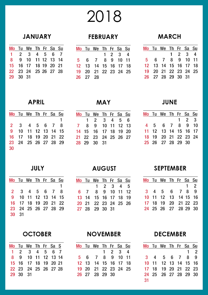 yearly calendar 2018 printable 12 months