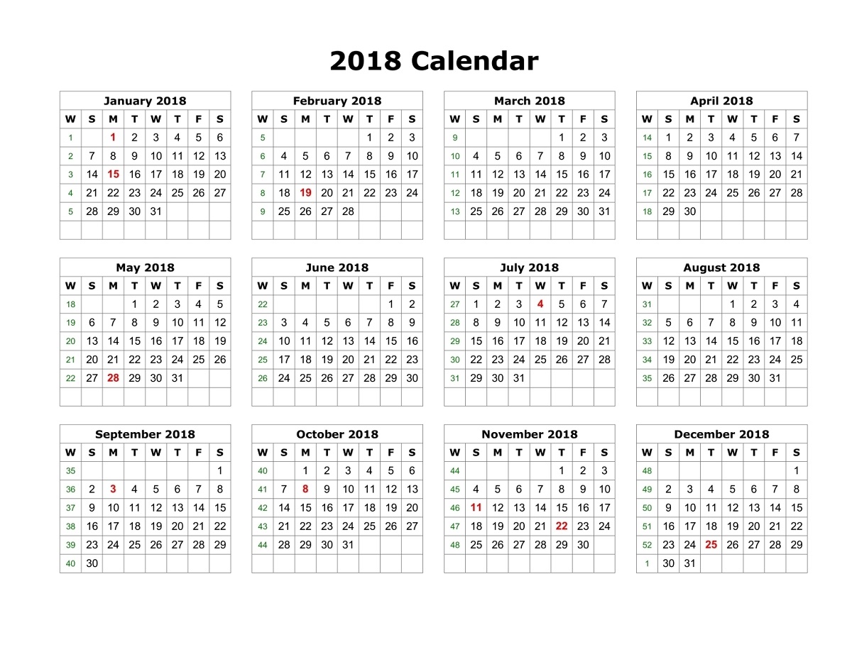 yearly calendar 2018 printable free