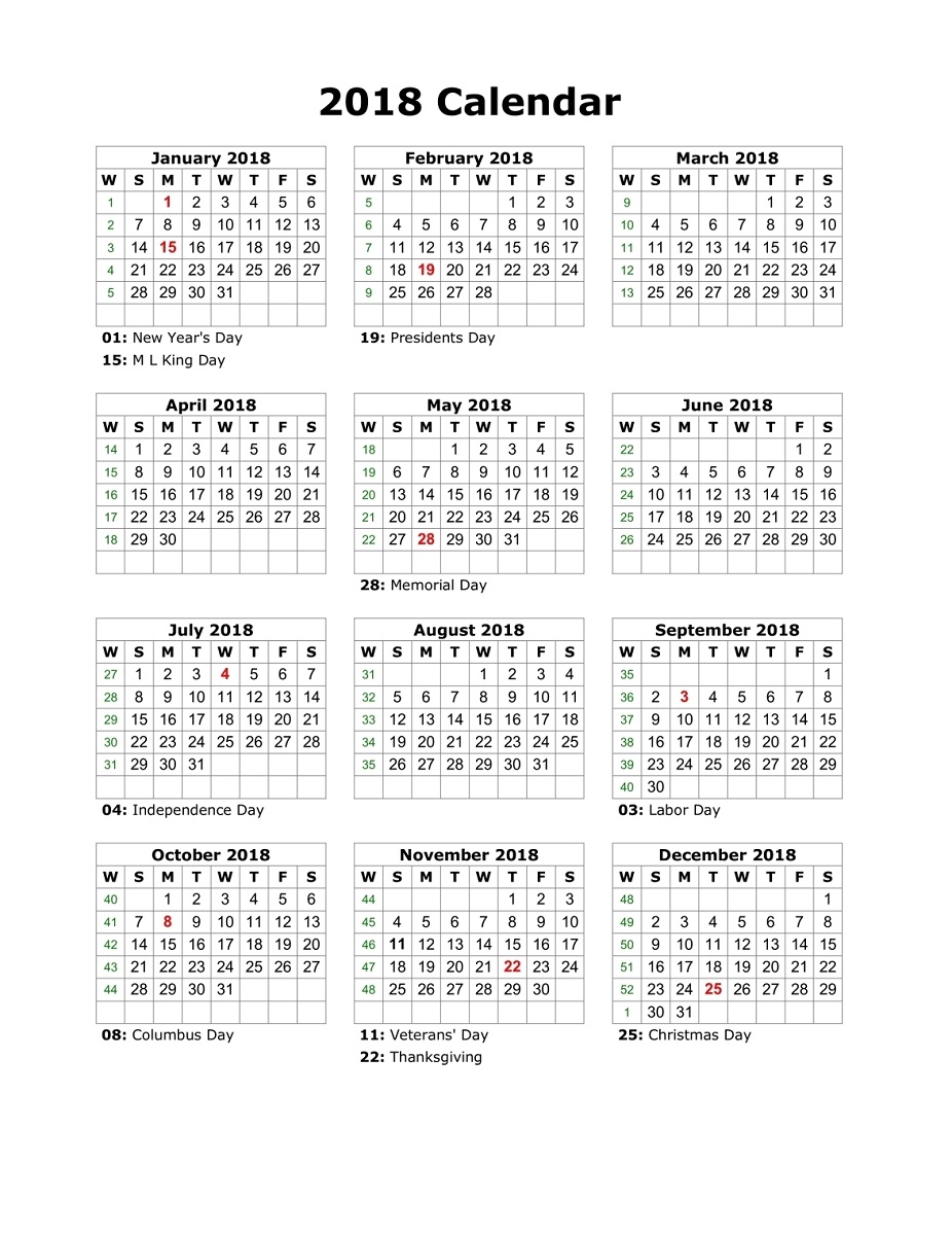 yearly calendar 2018 printable holiday