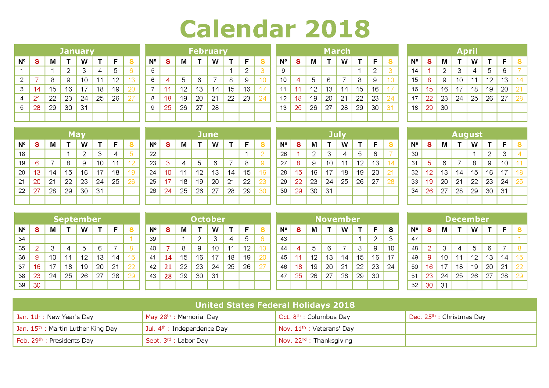 yearly calendar 2018 printable template
