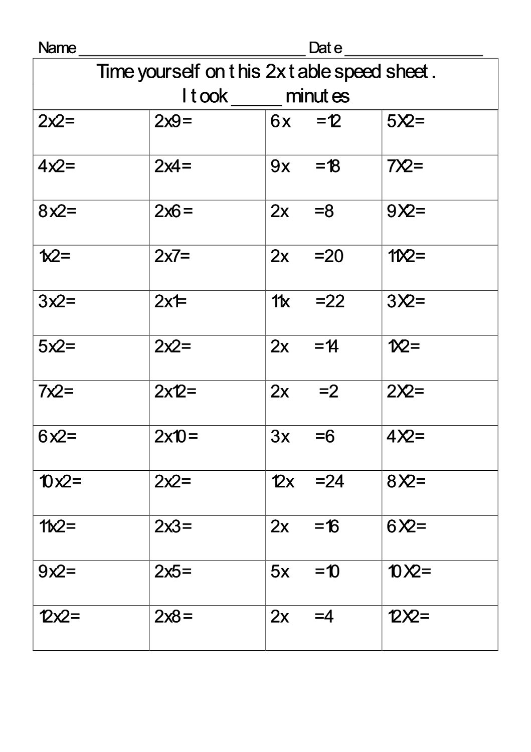 2 times table worksheets large