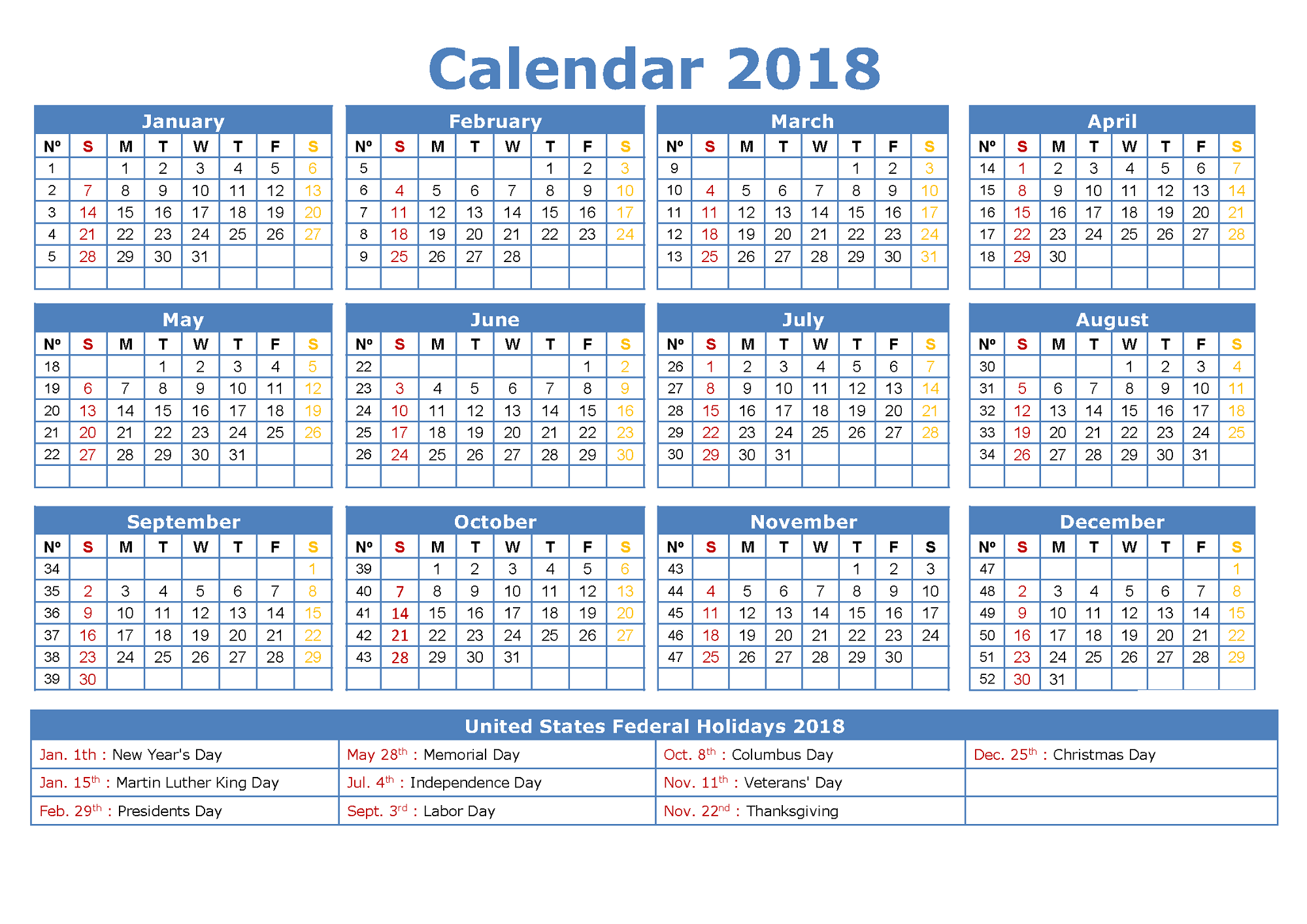 2018 Yearly Calendar With Holidays blue