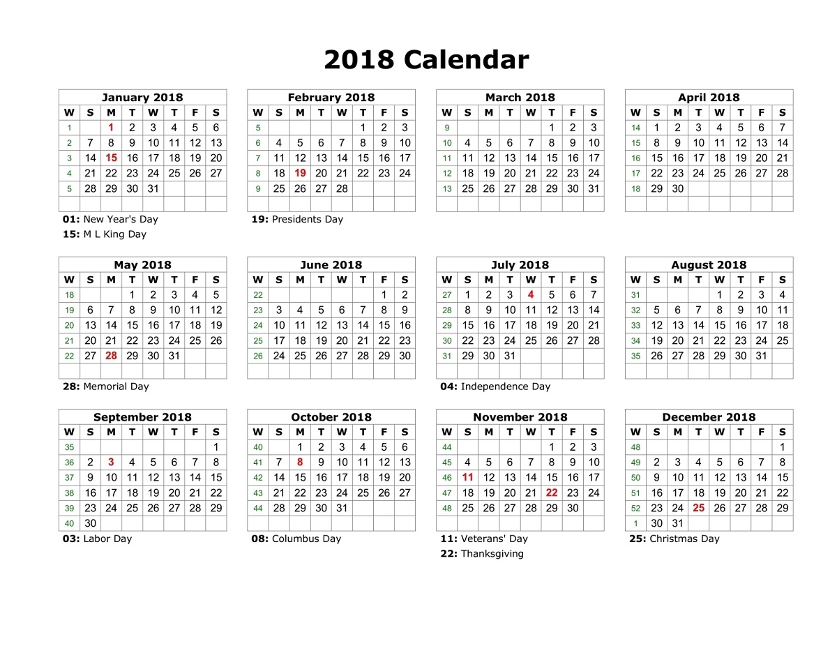 2018 Yearly Calendar With Holidays free