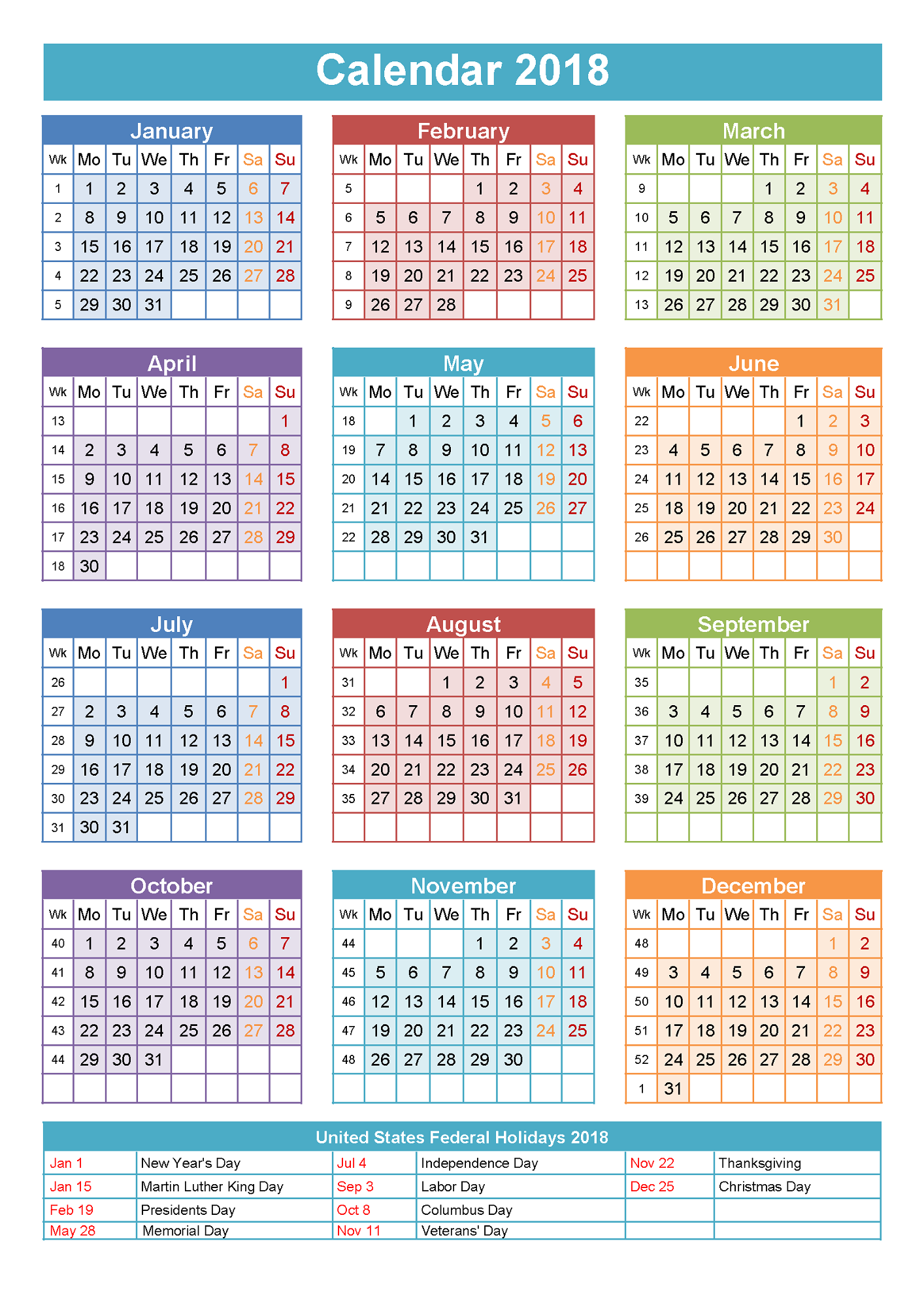 2018 Yearly Calendar With Holidays fun