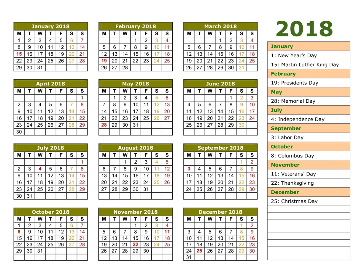 2018 Yearly Calendar With Holidays green