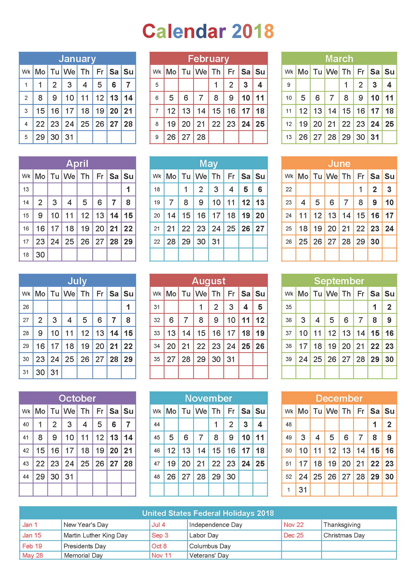 2018 Yearly Calendar With Holidays printable