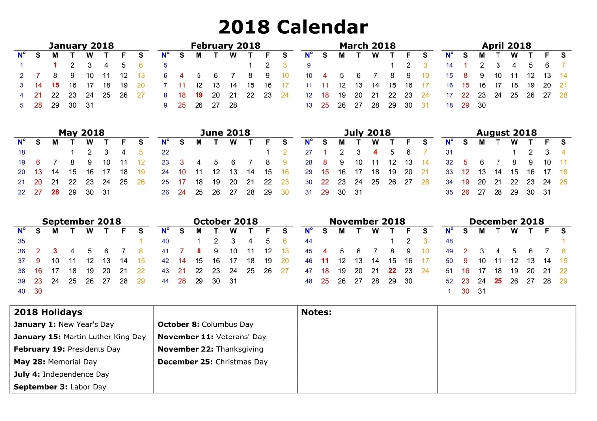 2018 calendar printable holiday