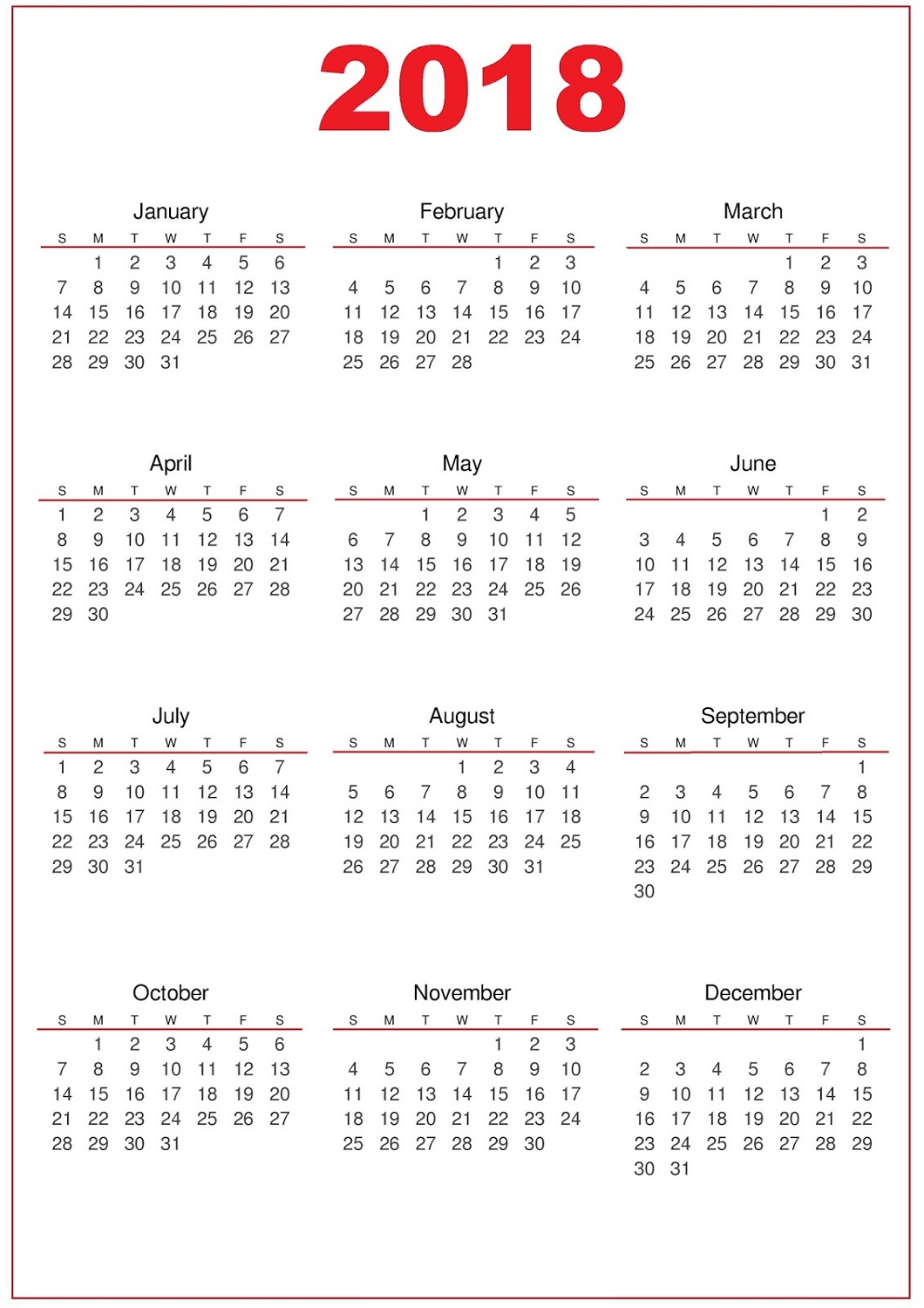 2018 calendar printable simple