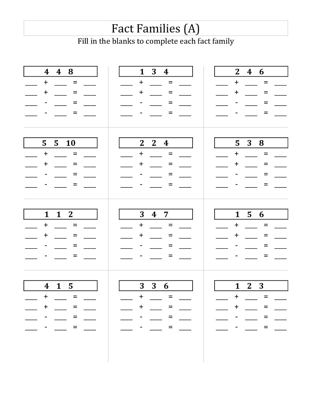 first grade fact family worksheets easy