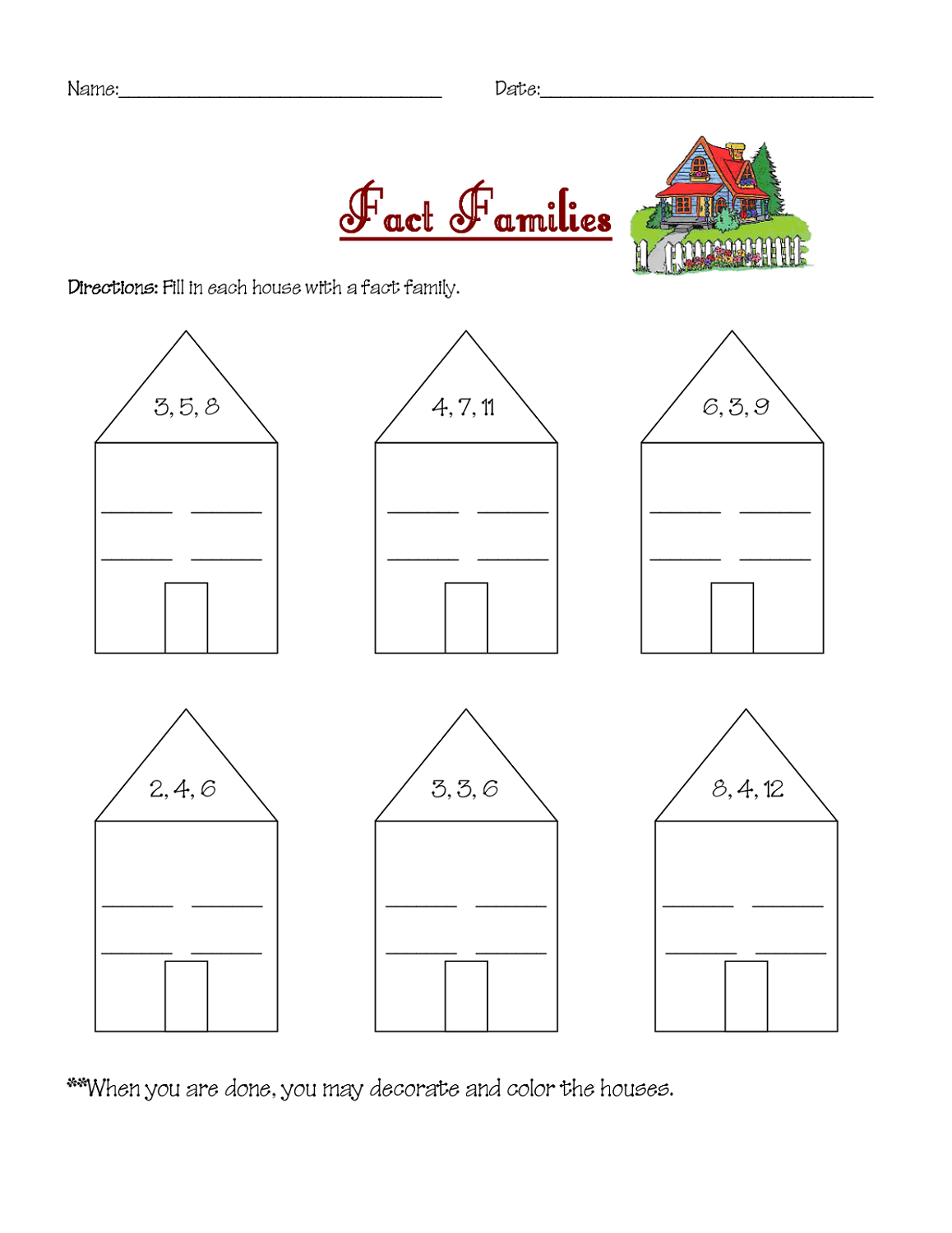 first grade fact family worksheets to print