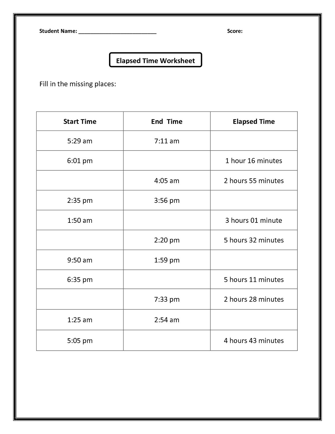 time elapsed worksheet 3rd grade