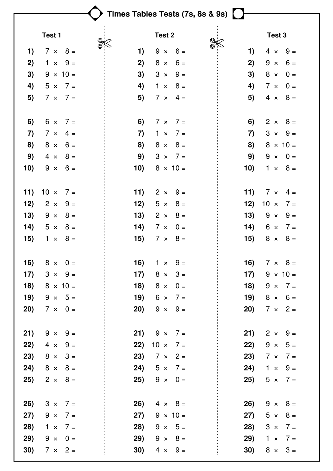 time tables worksheet test