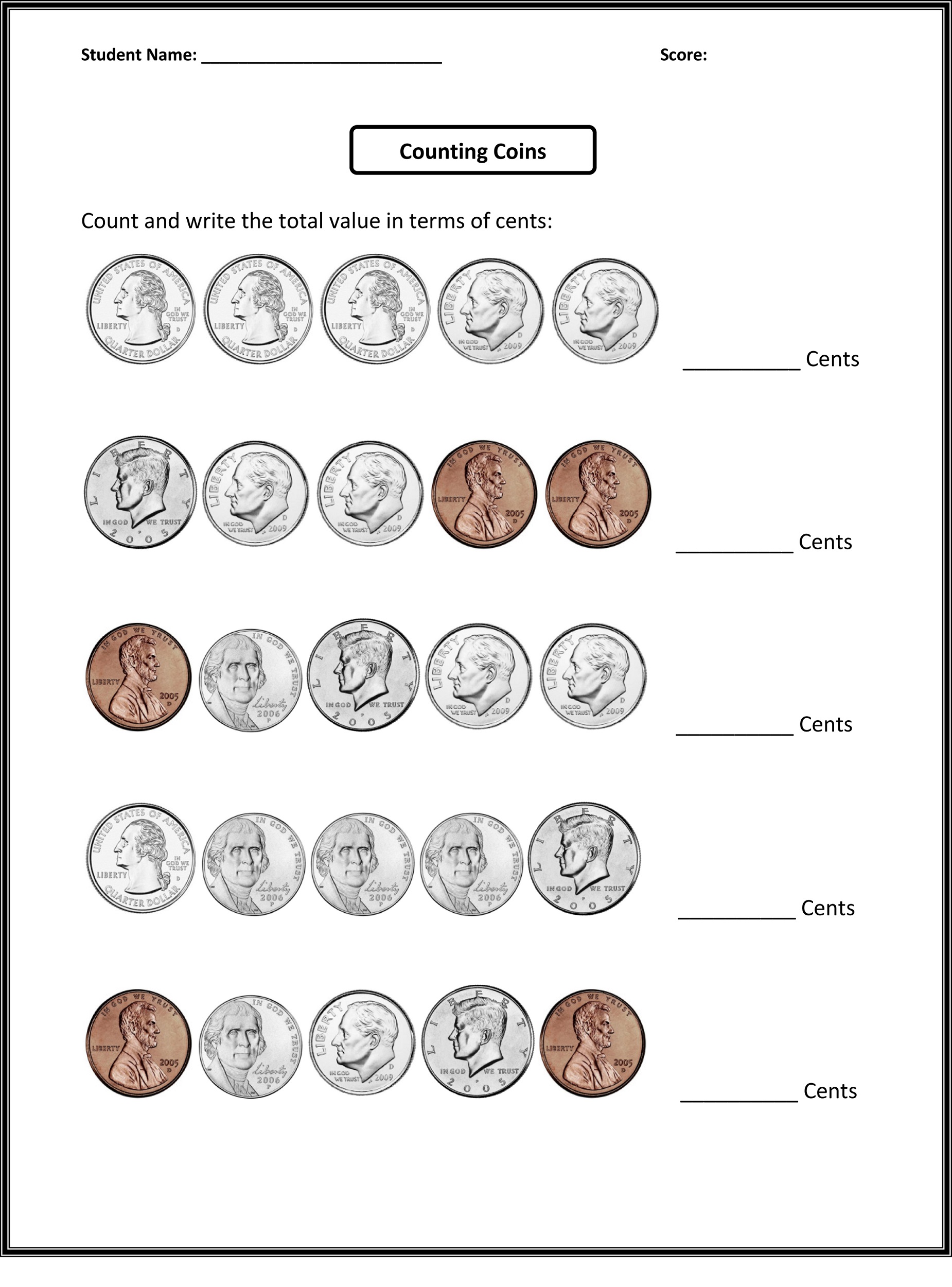 free 4th grade math worksheets coin