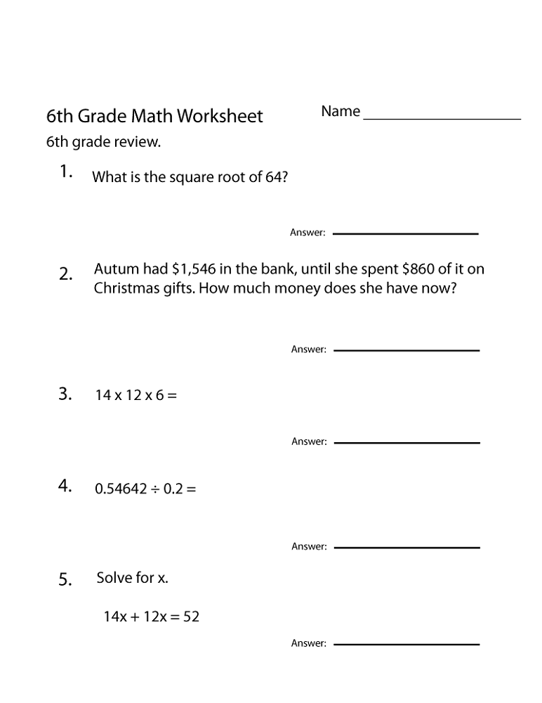 free 6th grade math worksheets printable