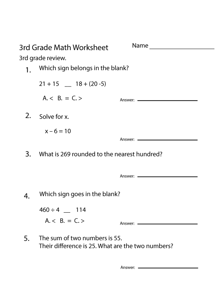 free third grade math worksheets for kids