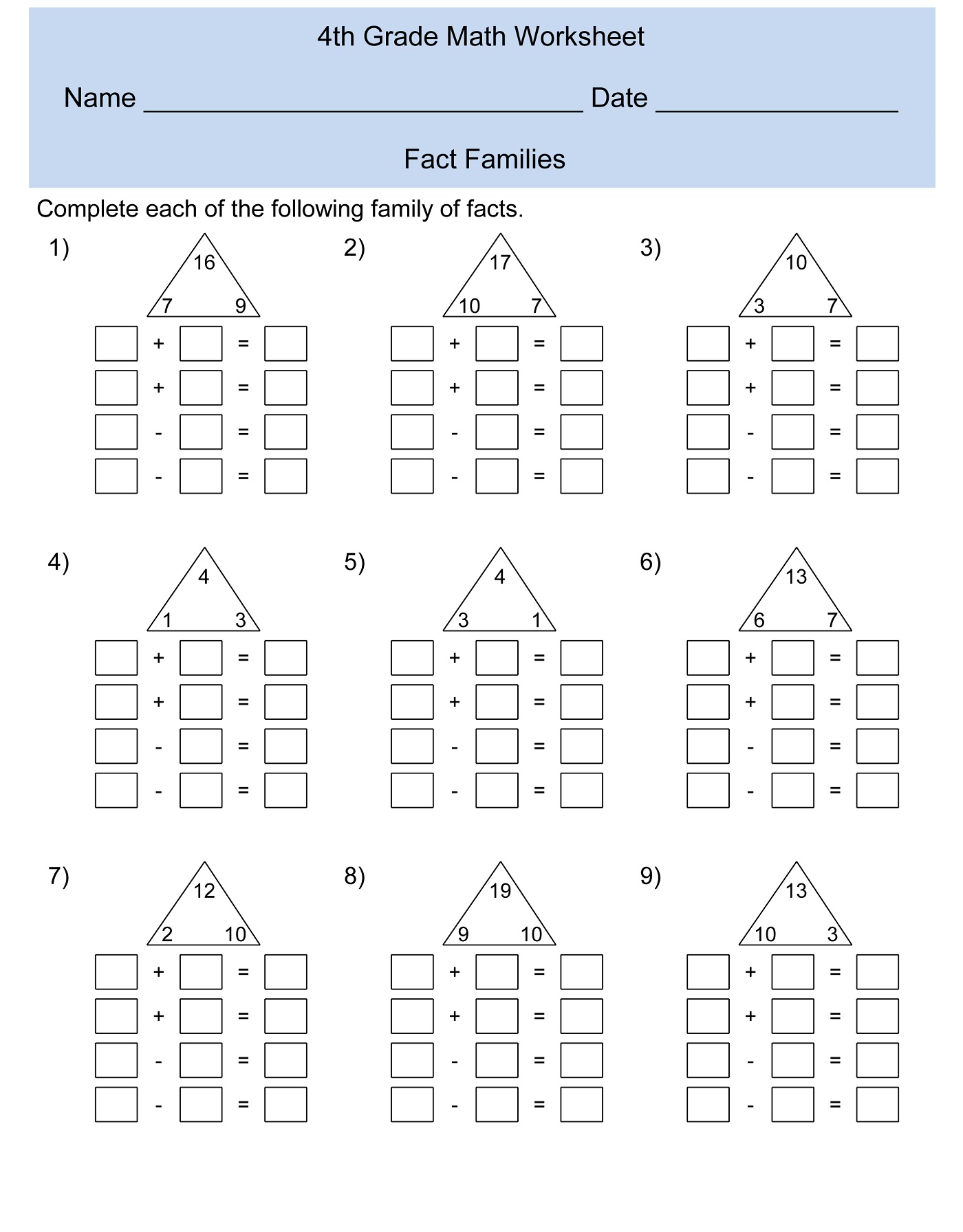 math fact families worksheets activity