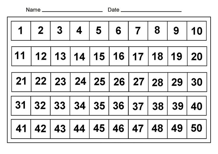 50 Number Chart Printable | Activity Shelter