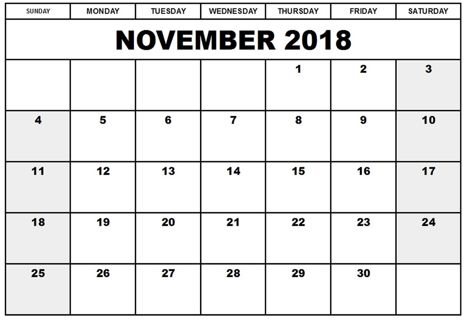 Blank Calendar Pages 2018 November