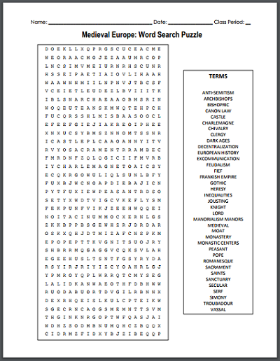 Middle Ages Word Search Medieval