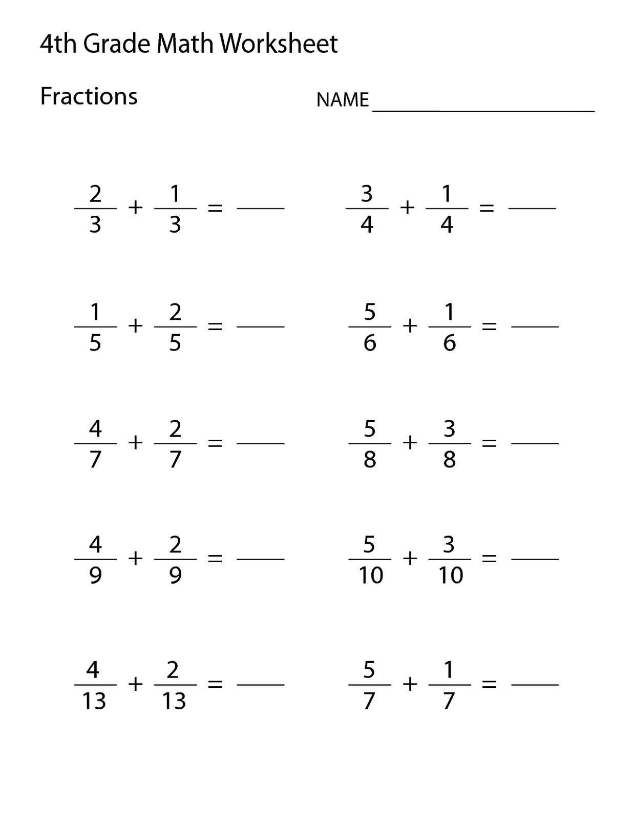 Free Printable Math Worksheets for Grade 4 Fraction