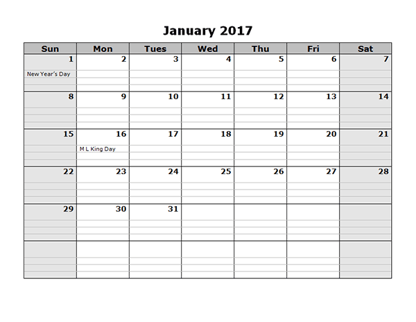 Monthly Calendar Printable January