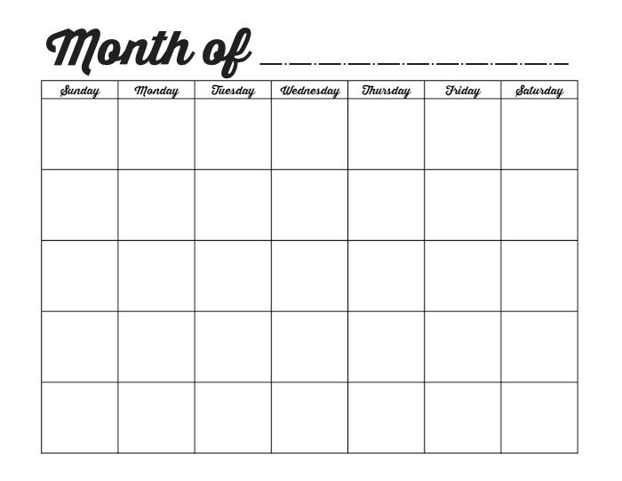 Printable Blank Monthly Calendar Blank