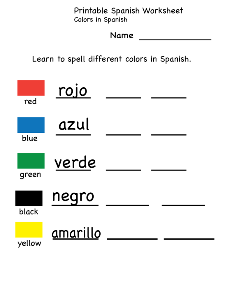 Free Learning Worksheets Spanish