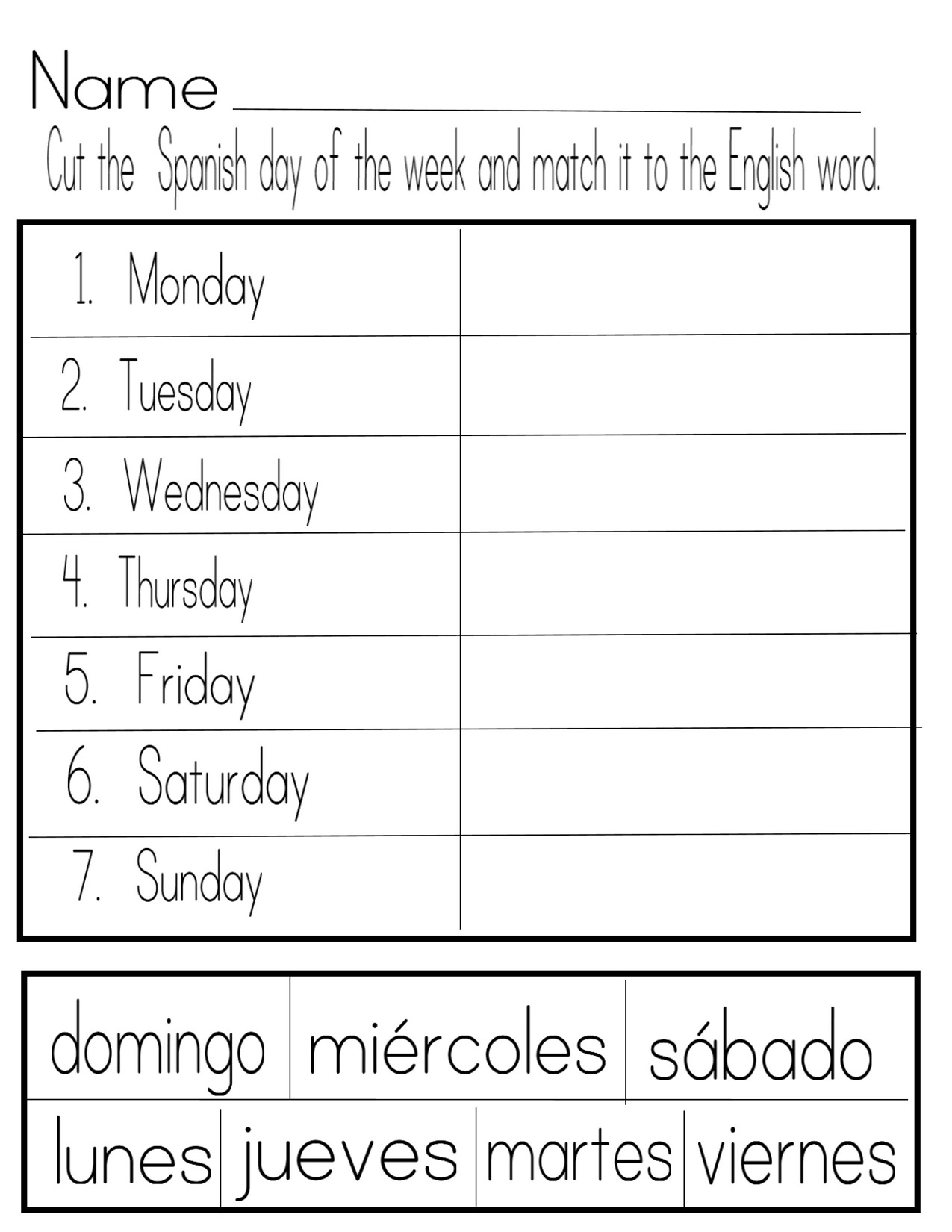 Days of the Week Worksheets Spanish