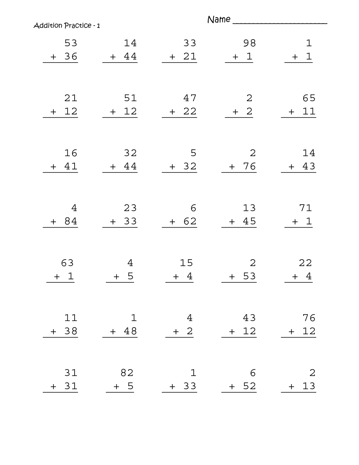 Addition Worksheets For Grade 1 AEF